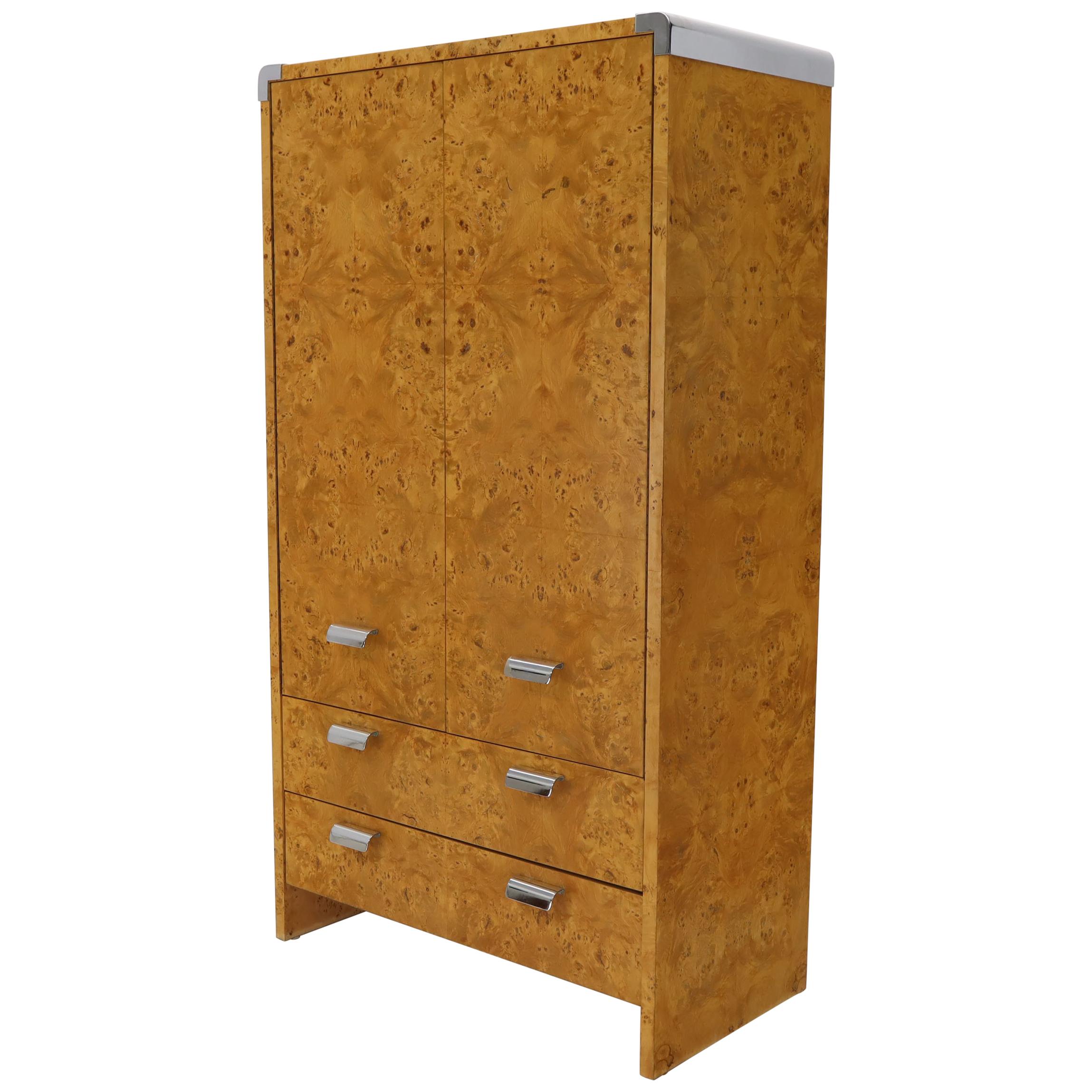 Mid-Century Modern Burl & Chrome Gentleman's High Chest Armoire Dresser Cabinet