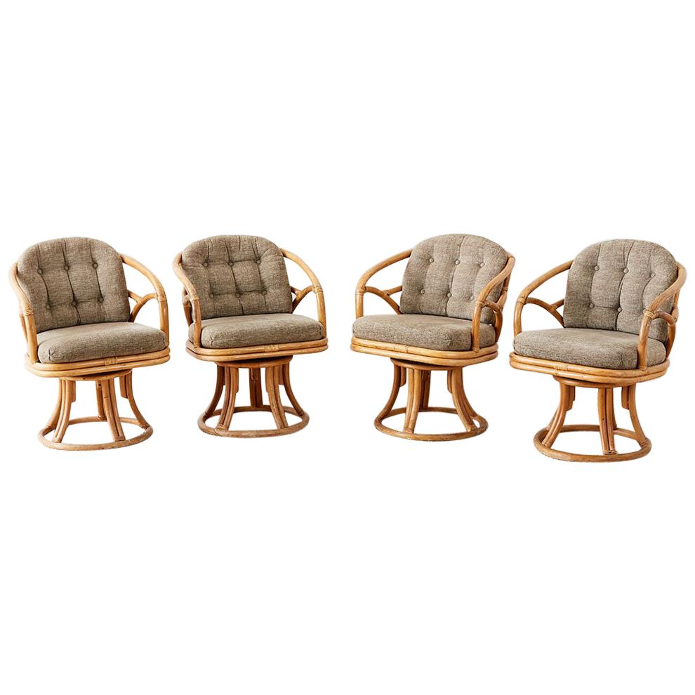 Set of Four McGuire Bamboo Rattan Swivel Armchairs