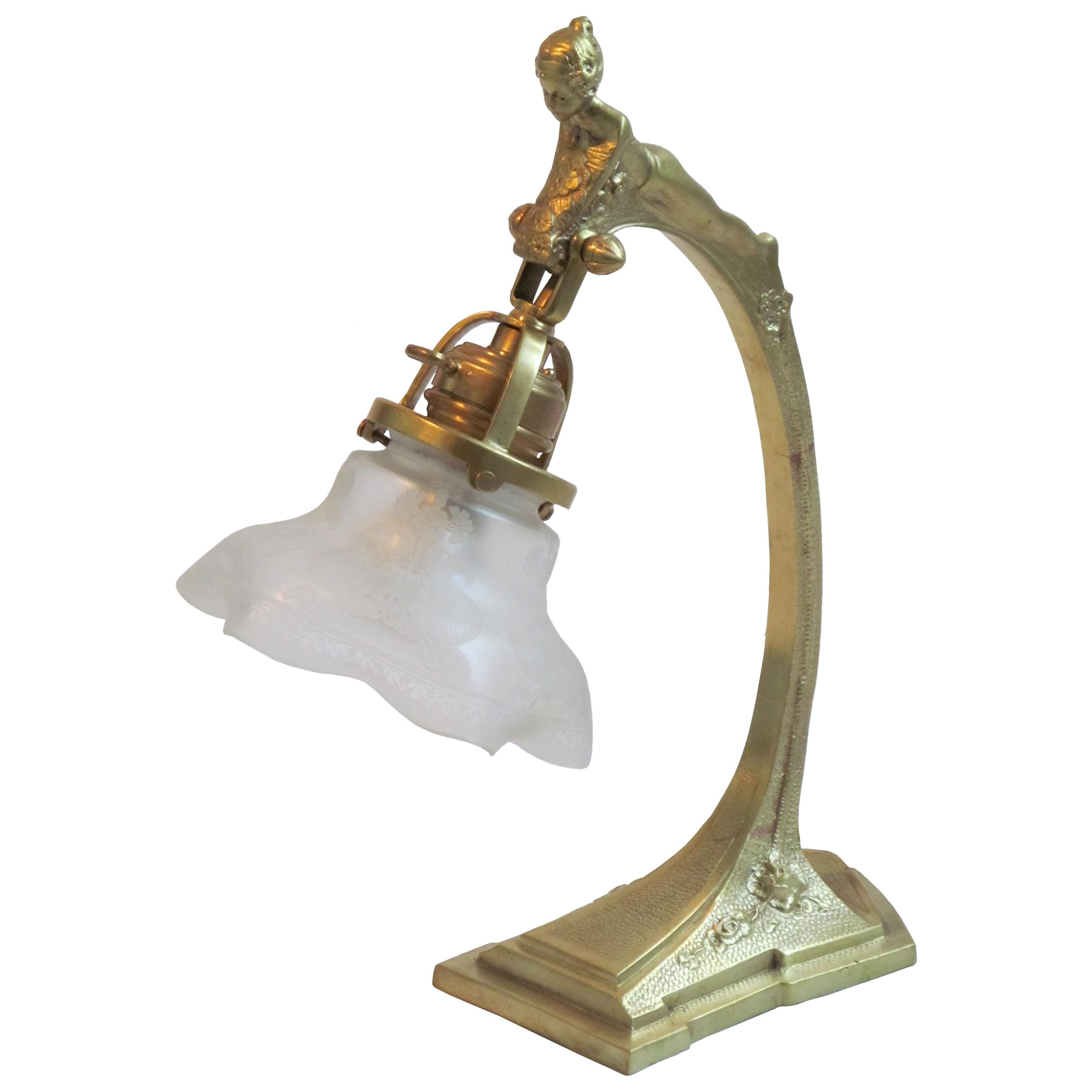 Secessionist Figural Brass Table Lamp, Austria, 1900s For Sale