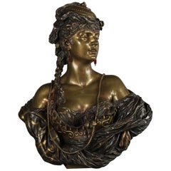 Buste féminin orientaliste en bronze multipatiné par Henri Honoré Plé, daté de 1883