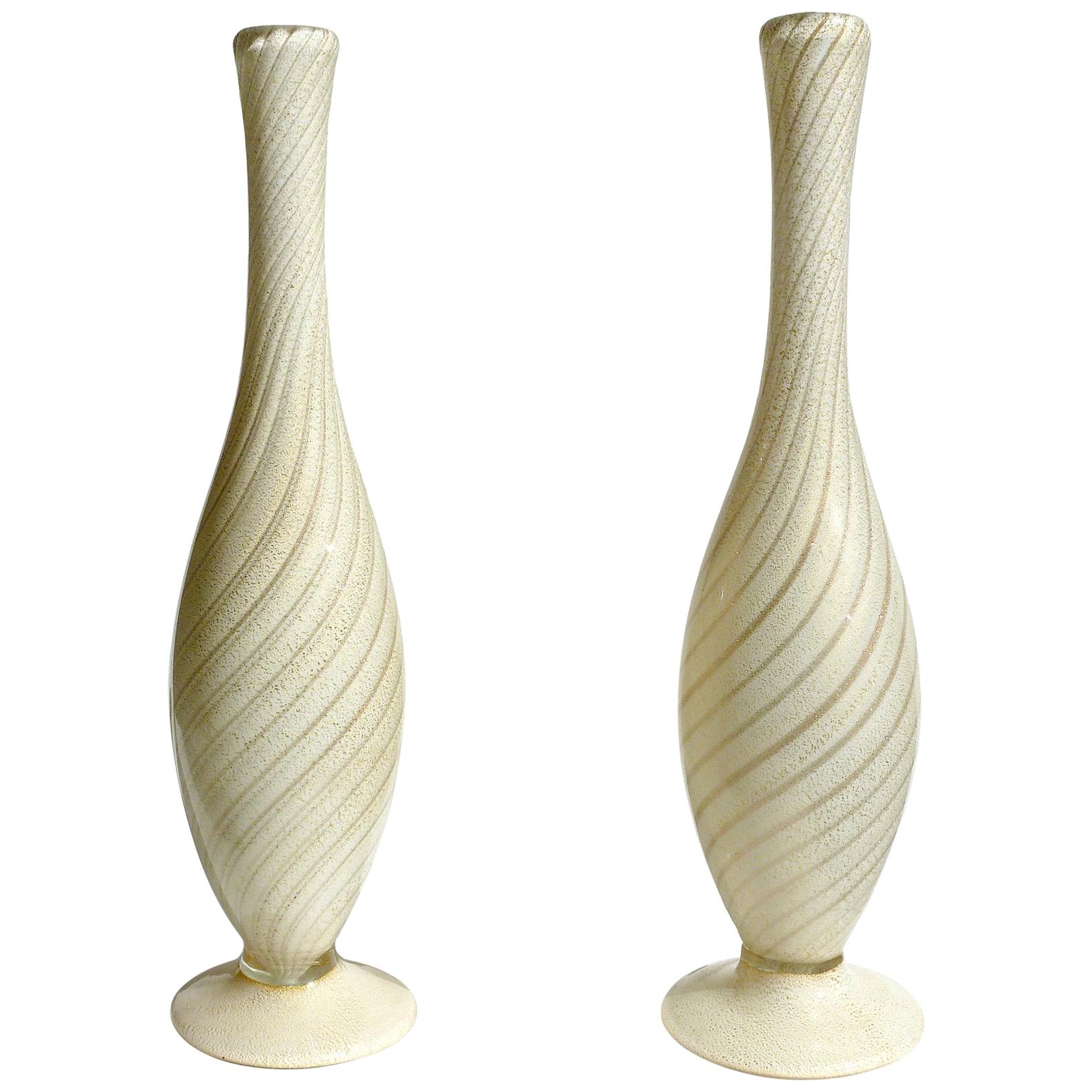 Alfredo Barbini Murano Gold and Aventurine Flecks Swirl Italian Art Glass Vases