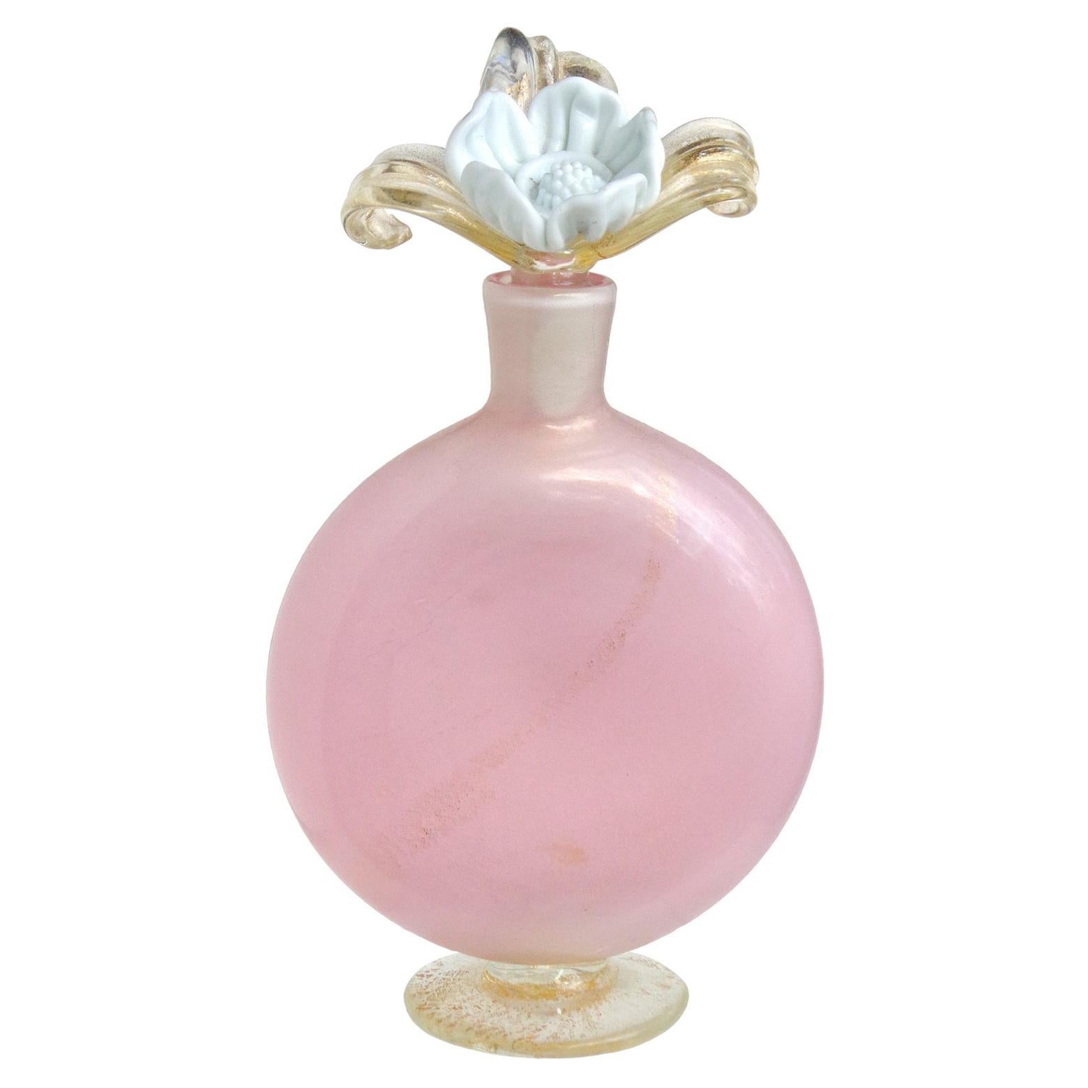 Murano Pink Gold Leaf Incamiciato Flower Top Italian Art Glass Perfume Bottle