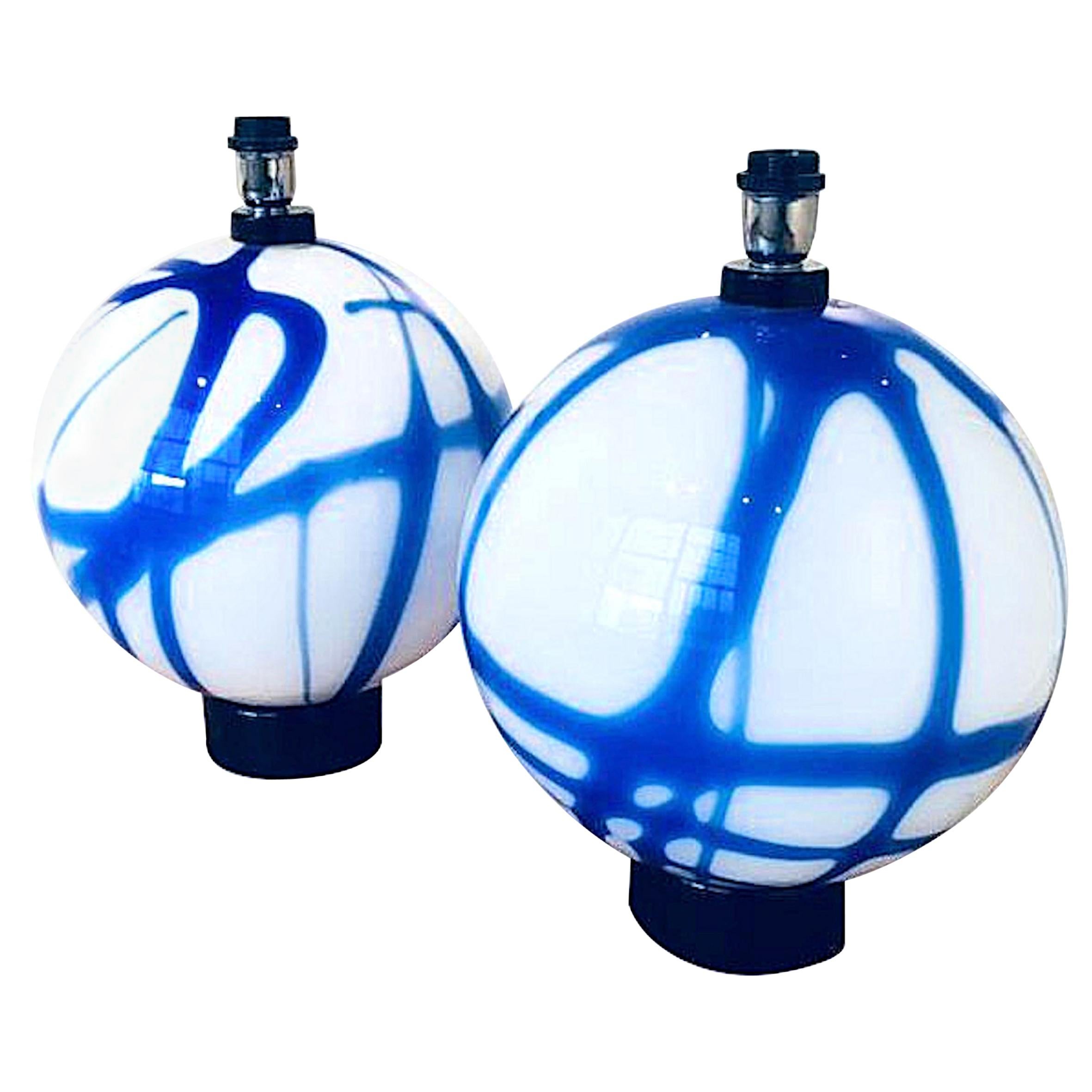 Pair of Large Round White/Blue Murano Glass Table Lamps, Mid-Century Modern