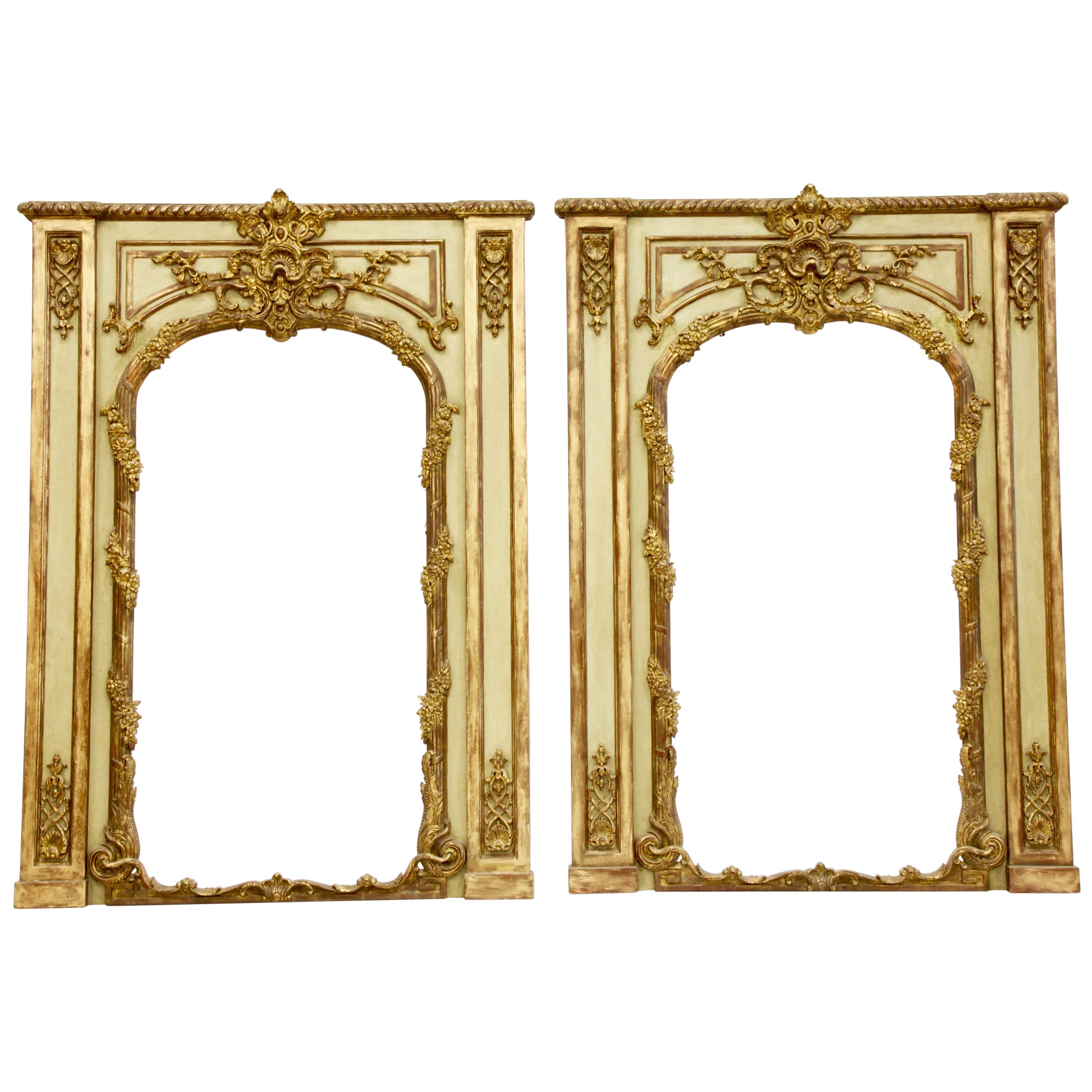 Pair of Louis XV Style Trumeau Mirrors, French Green with Aged Gold Highlights