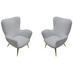 Vintage Mid-Century Modern Pair of Brass and White Cotton Fabric Italian Armchairs 1950s