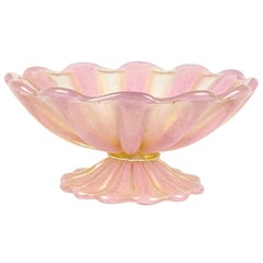 Barovier Toso Murano Pink Gold Flecks Italian Art Glass Ribbed Compote Bowl