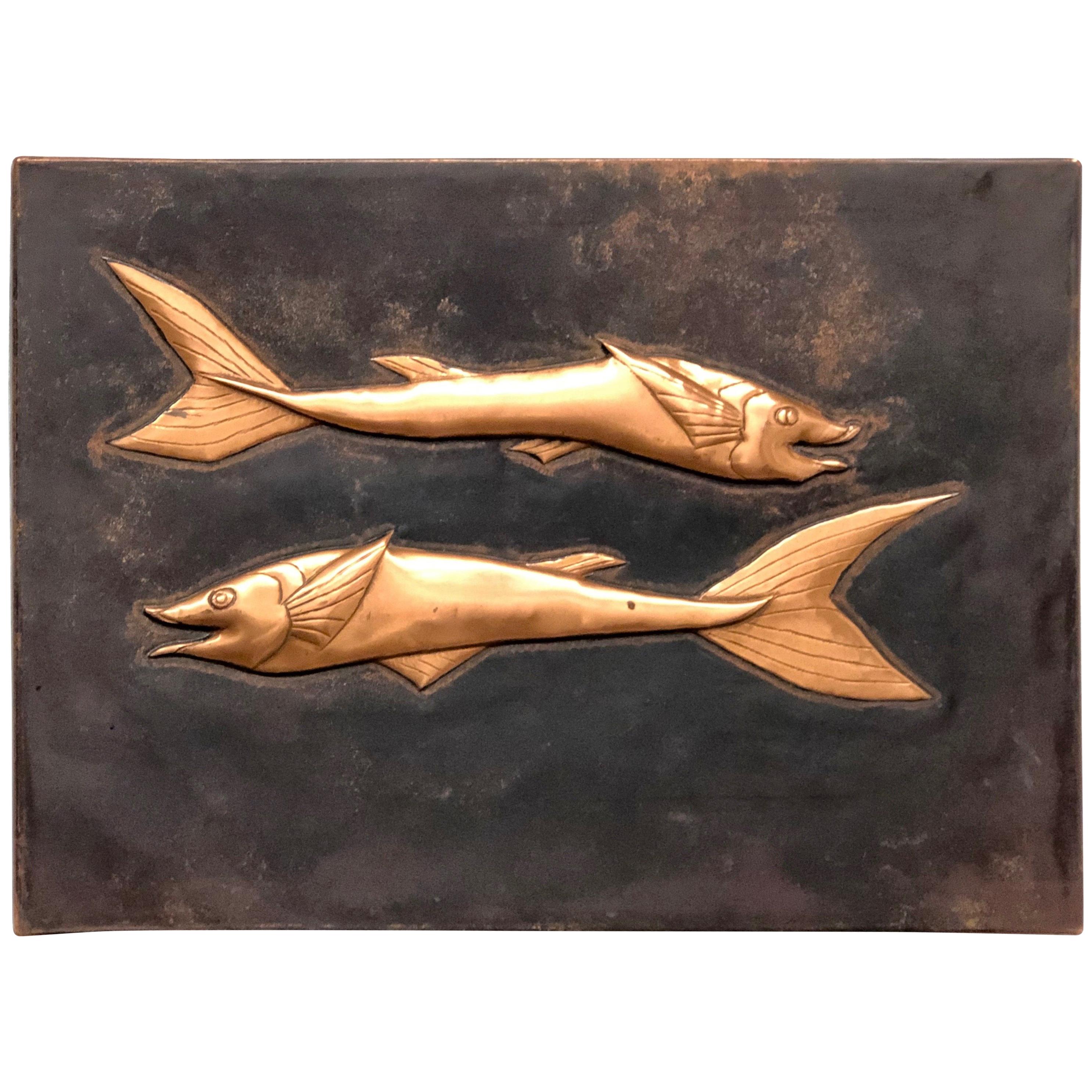 Fossil Sturgeon Fish Copper Wall Decoration Wall Panel Picture Vintage, 1970s