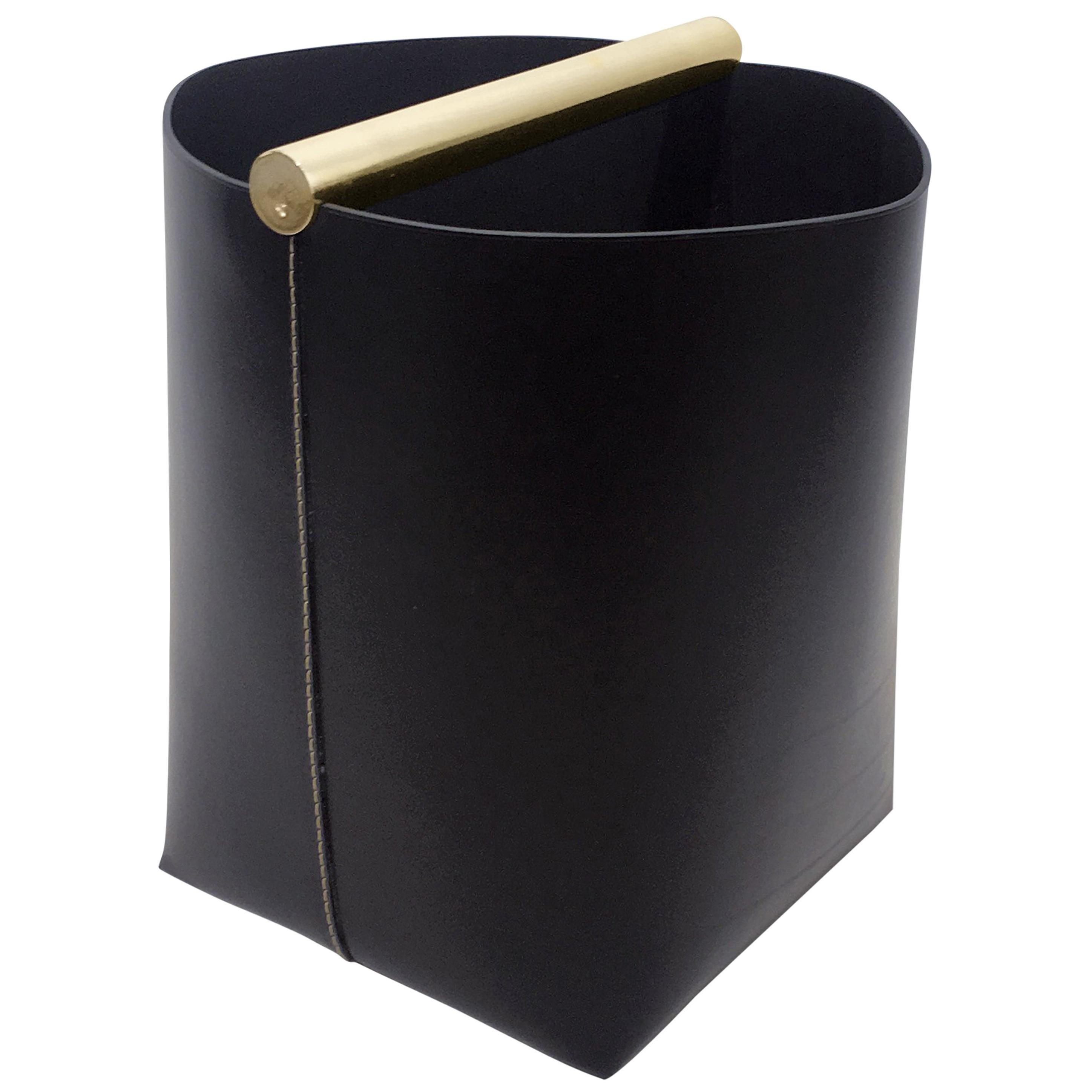 Contemporary Italian Leather and Swedish Brass Modern Minimalist Paper Basket For Sale