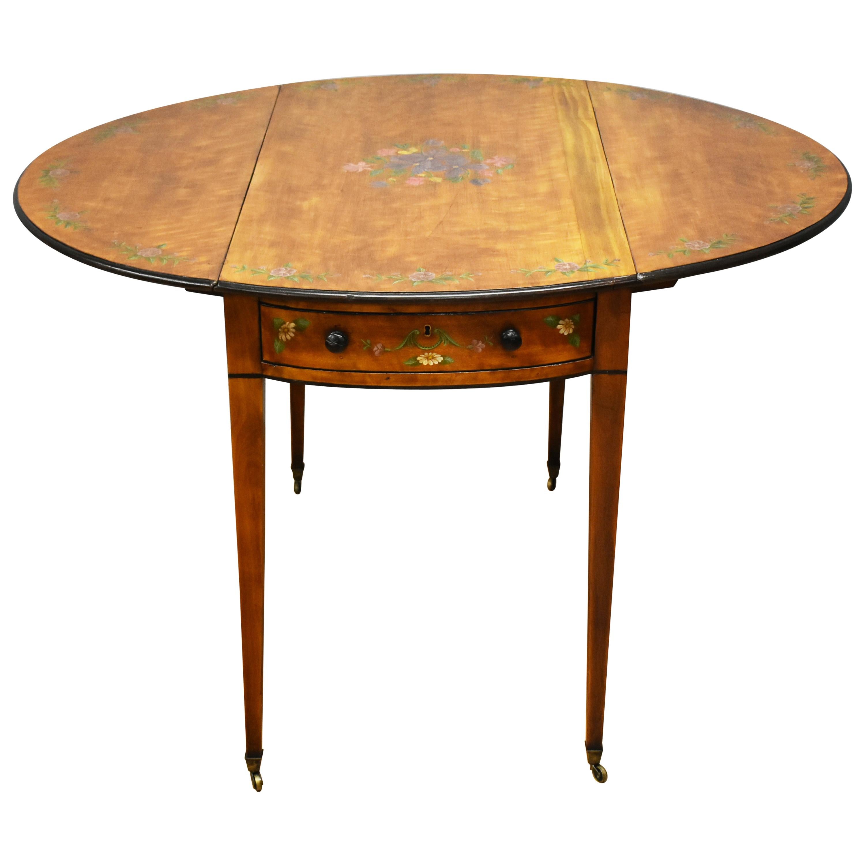 20th Century Edwardian Satinwood Hand Painted Pembroke Table For Sale