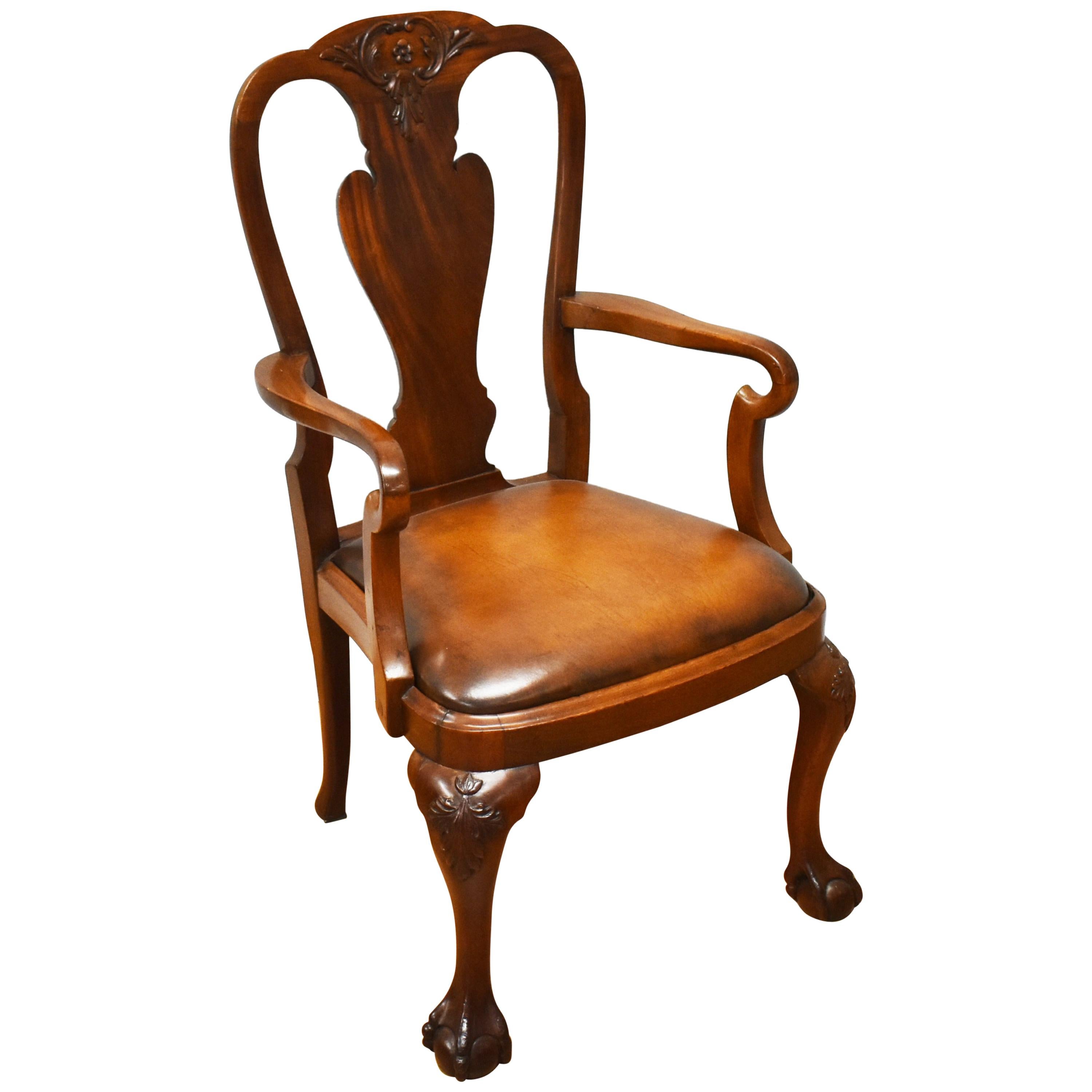 20th Century Queen Anne Revival Solid Mahogany Armchair