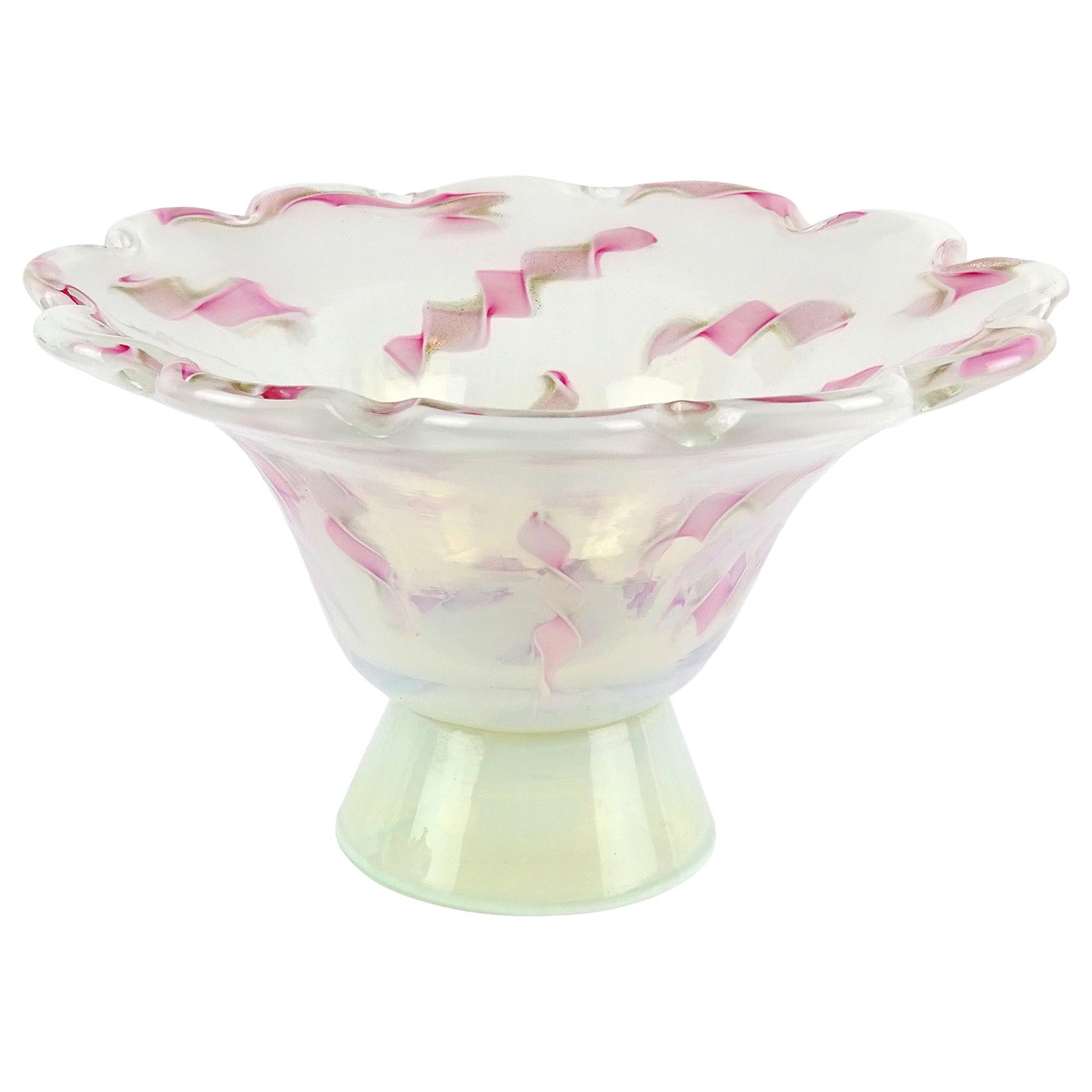 Fratelli Toso Murano Opalescent Pink Aventurine Ribbons Italian Art Glass Bowl