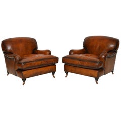 Large Pair of Leather Antique ‘Howard’ Style Armchairs
