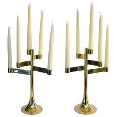 Pair of Modular Five-Arm Polished Brass Candle Holders