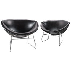 Modernist Pair of Rudolf Wolf Lounge Chairs in Black Faux Leather for Rohé 1950s