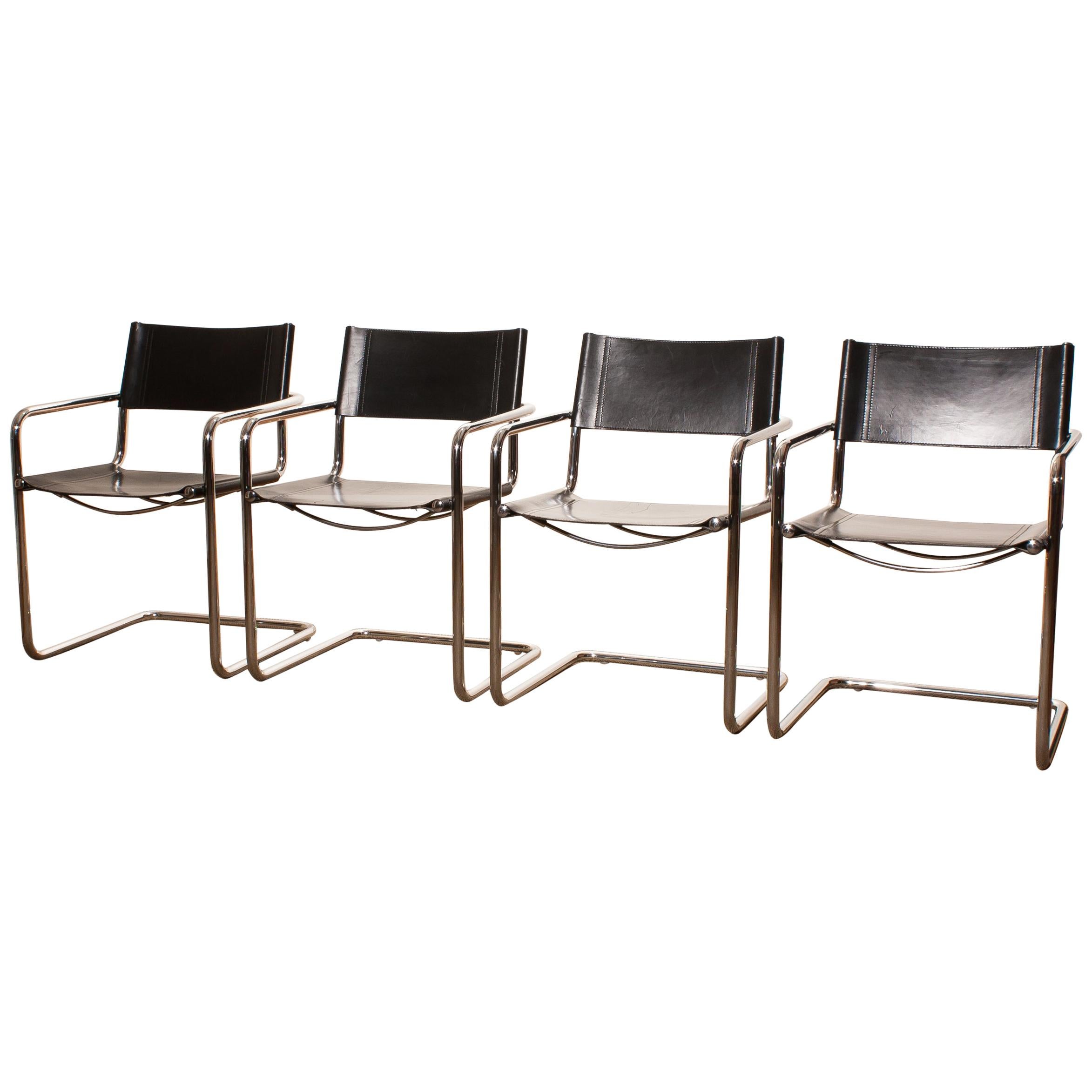 Tubular Steel Chrome and Sturdy Black Leather Dining Chairs by Matteo Grassi