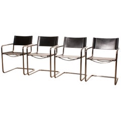 Tubular Steel Chrome and Sturdy Black Leather Dining Chairs by Matteo Grassi