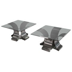 Midcentury Glass and Steel End Tables by François Monnet, 1970s