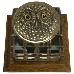 Antique English Novelty Cut Crystal and Brass Inkwell, circa 1890, Owl