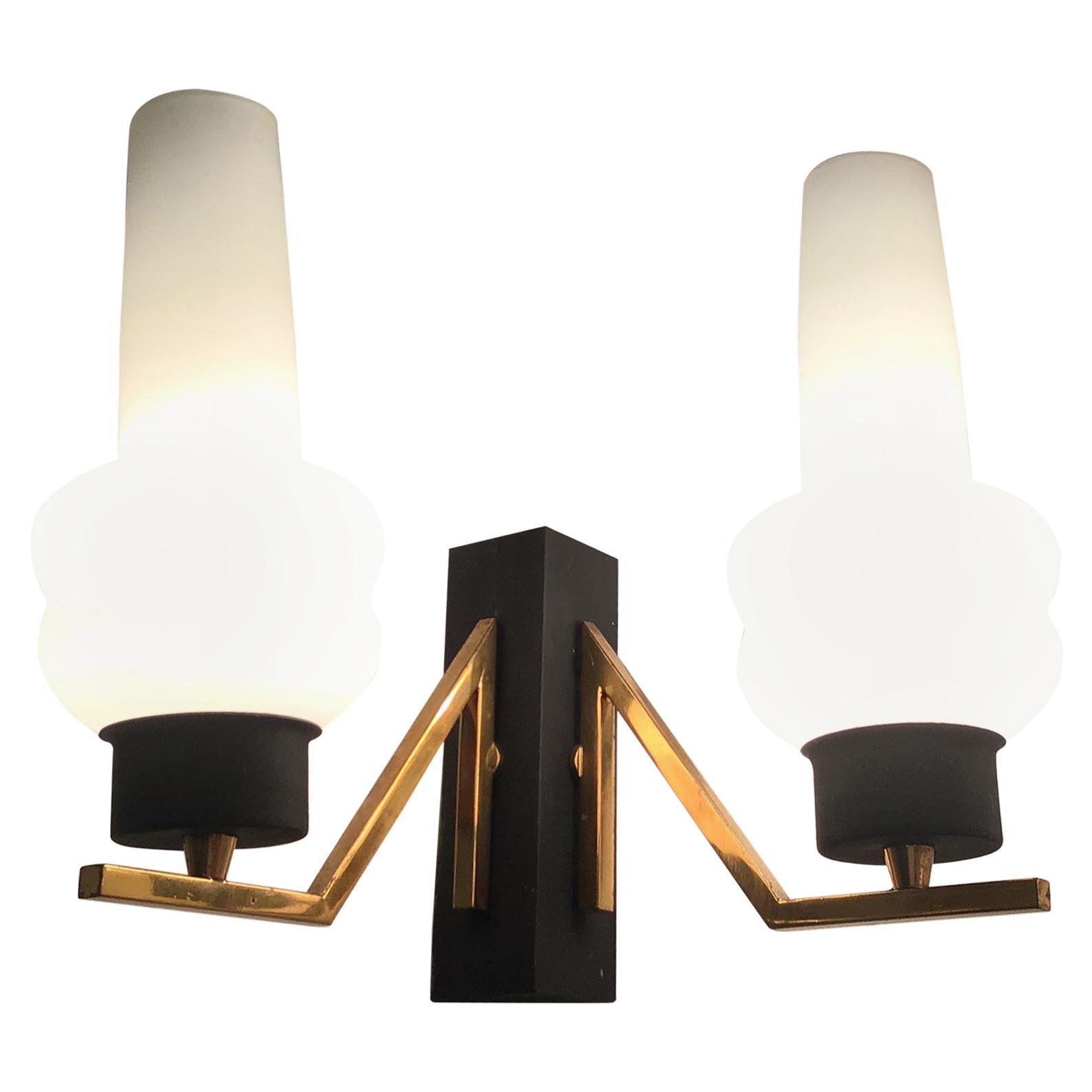 Couple Sconces Italia Brass Iron, White Opal Glass, attrib to Stilnovo, c 1960s