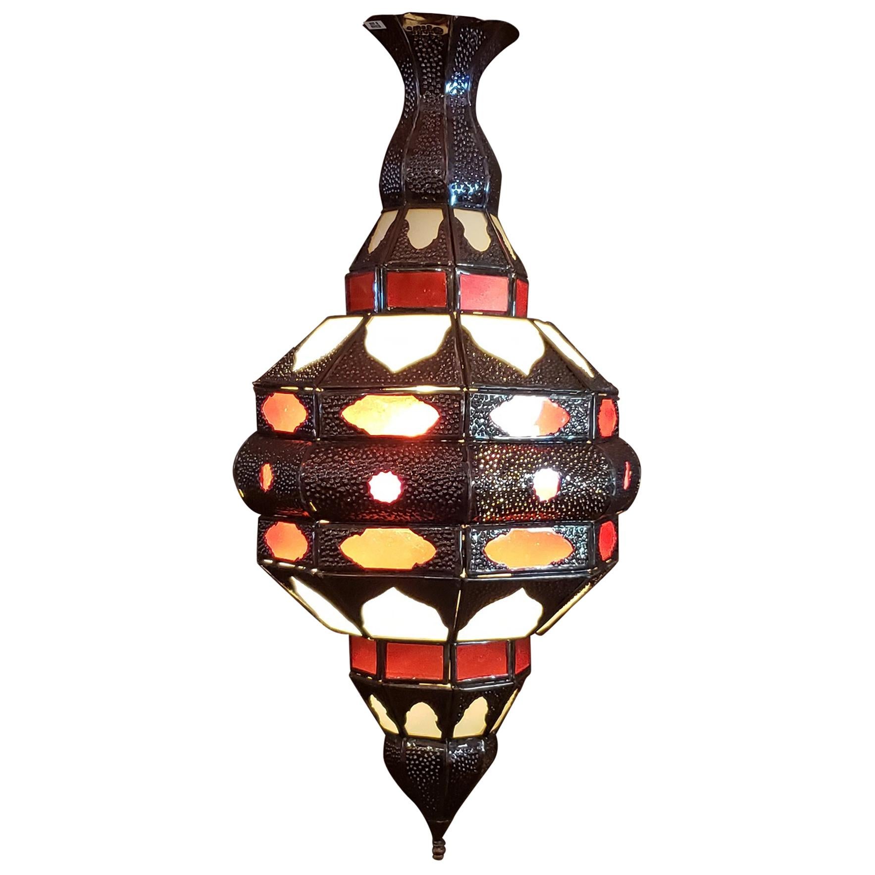 Moroccan Glass Lantern, EL Makki Style, Frosty White and Red Glass For Sale