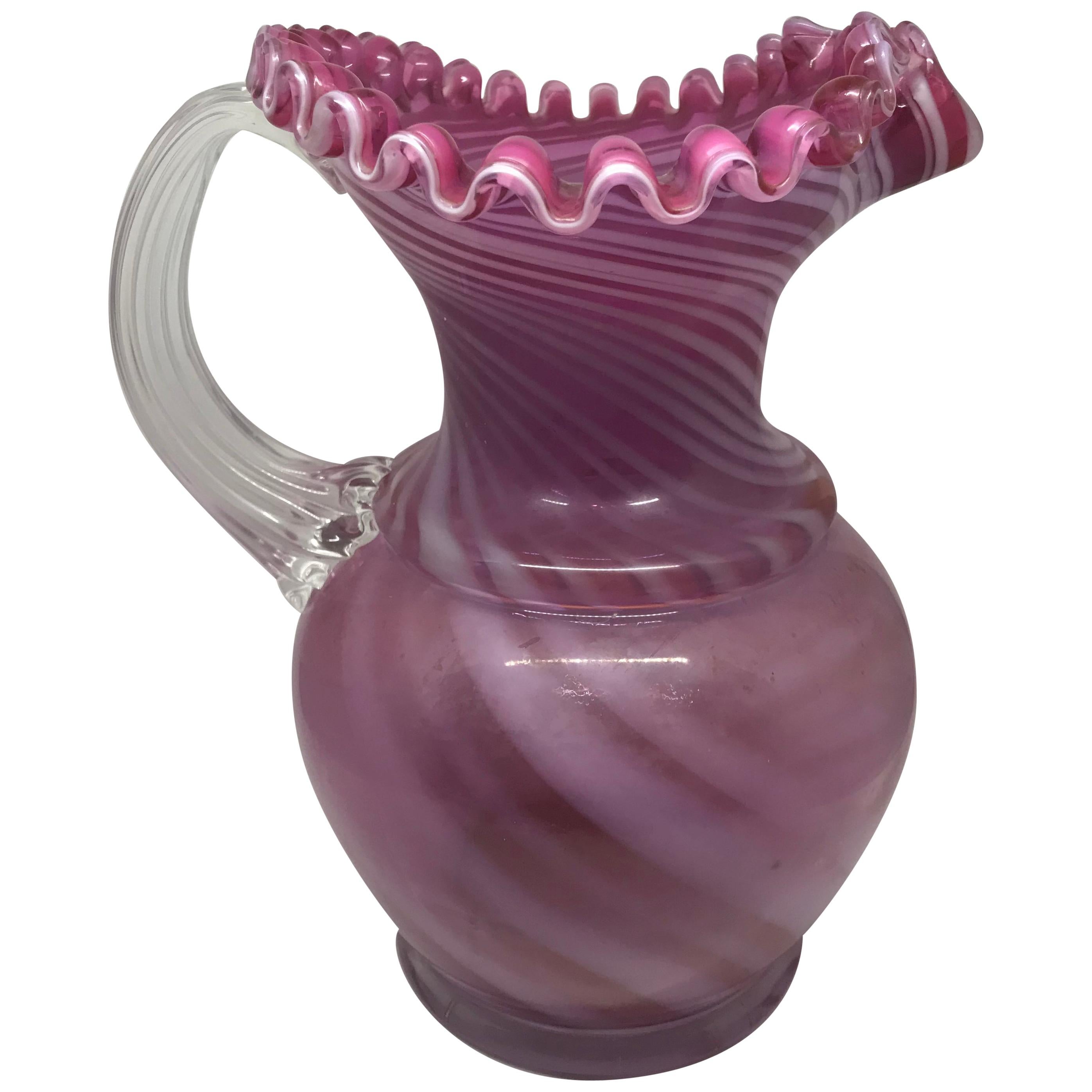 Pink and White Striped Glass Pitcher