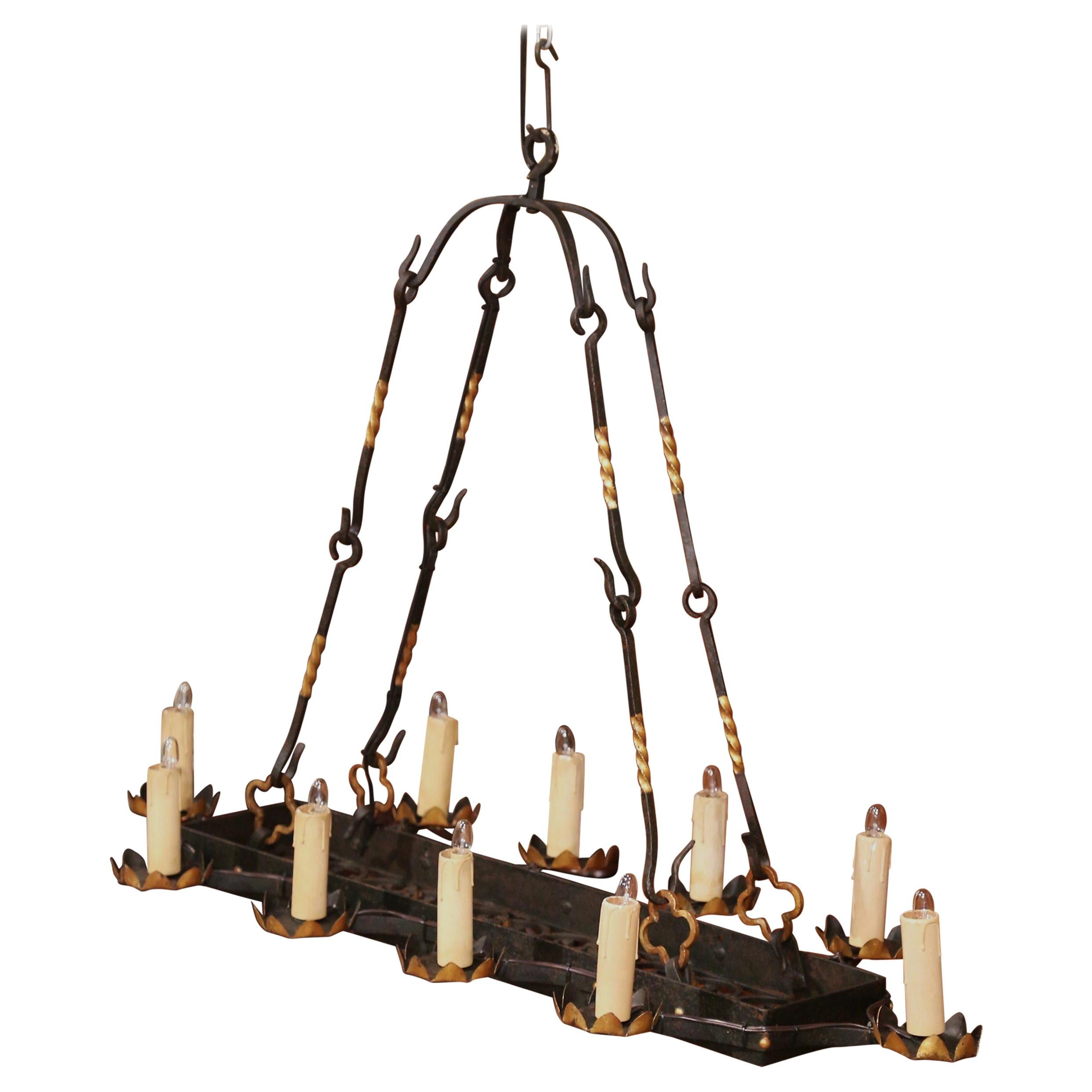 19th Century French Flat Bottom Forged Iron Ten-Light Chandelier