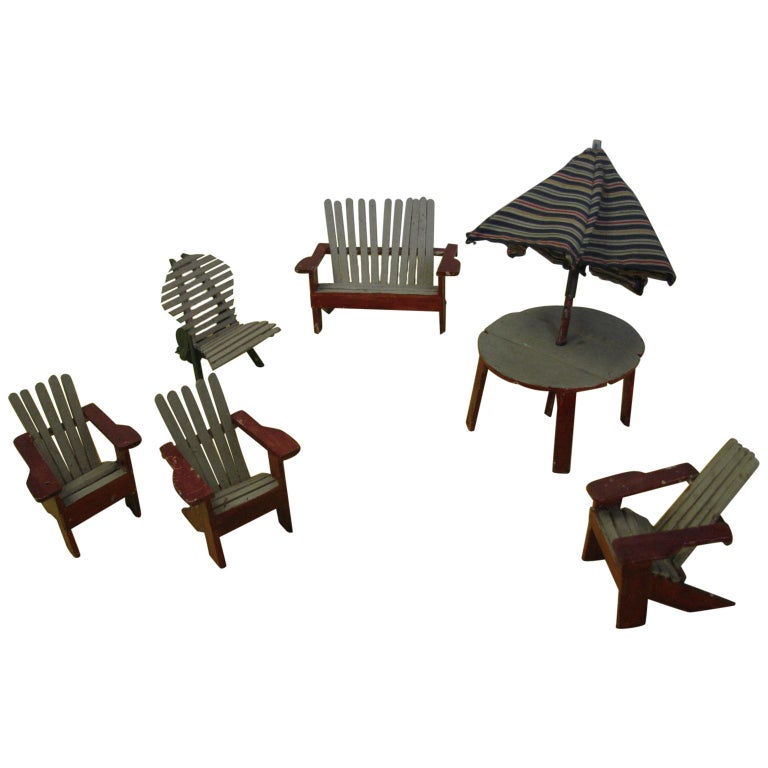 Folk Art Adirondack Chairs with Table and Folding Umbrella For Sale at