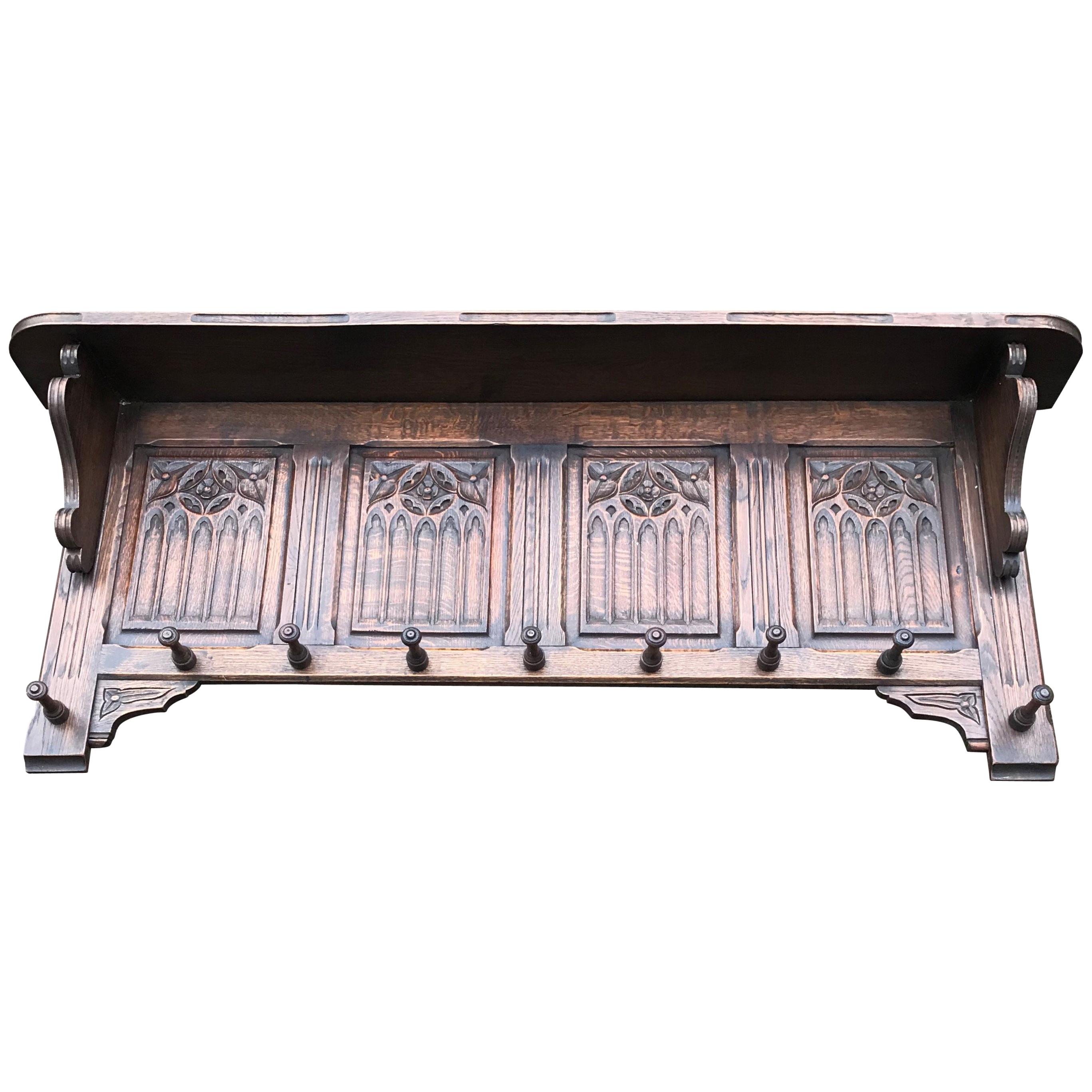 Hand Carved Gothic Revival Oak Wall Coat Rack with Stylish Church Window Panels 