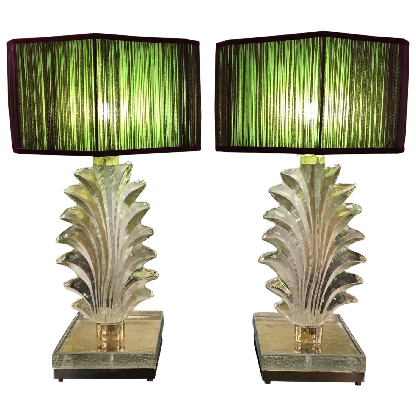 Pair of Hand Blown Murano Clear Glass Leaves Table Lamps, 1940s