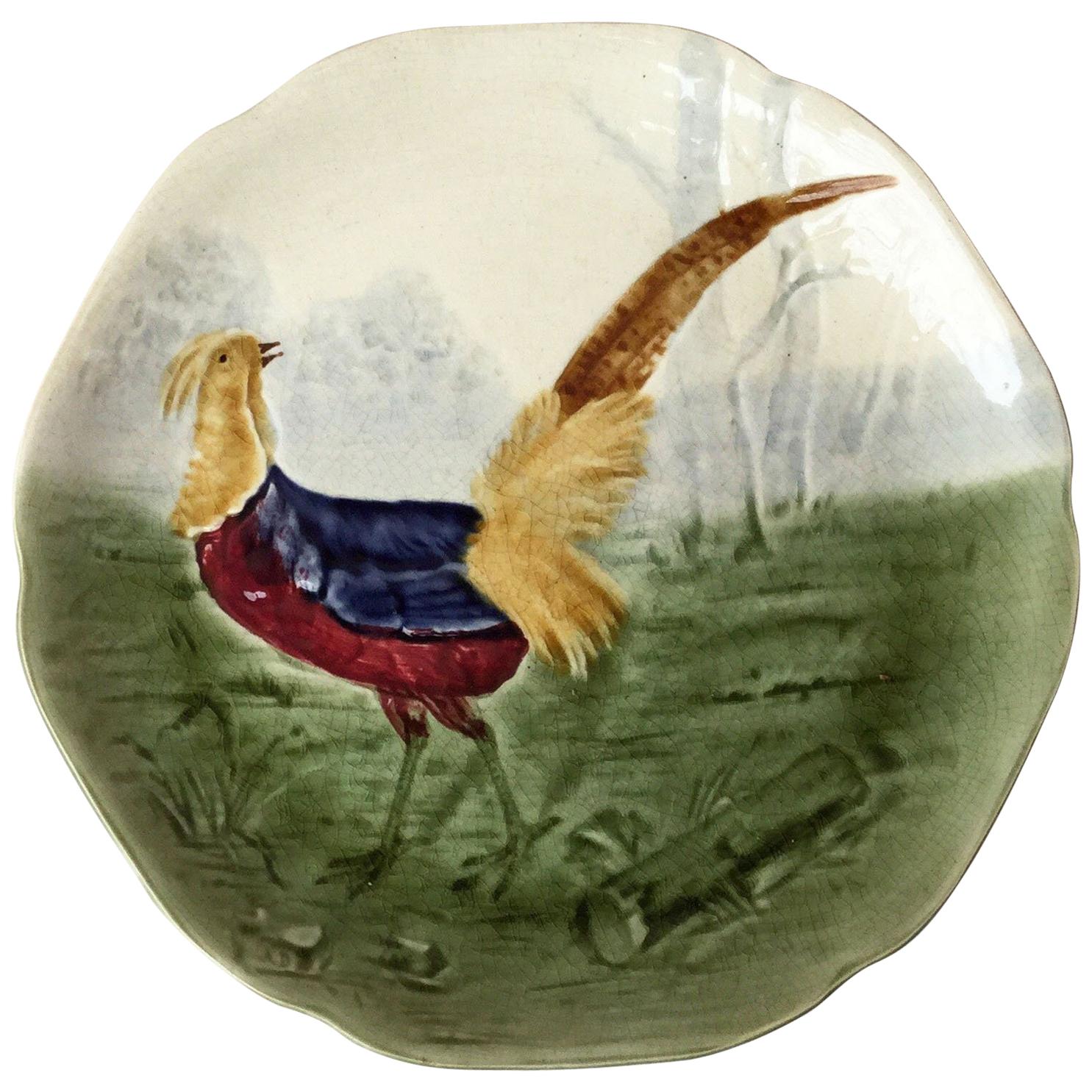 19th Century Blue Majolica Pheasant Plate Choisy Le Roi