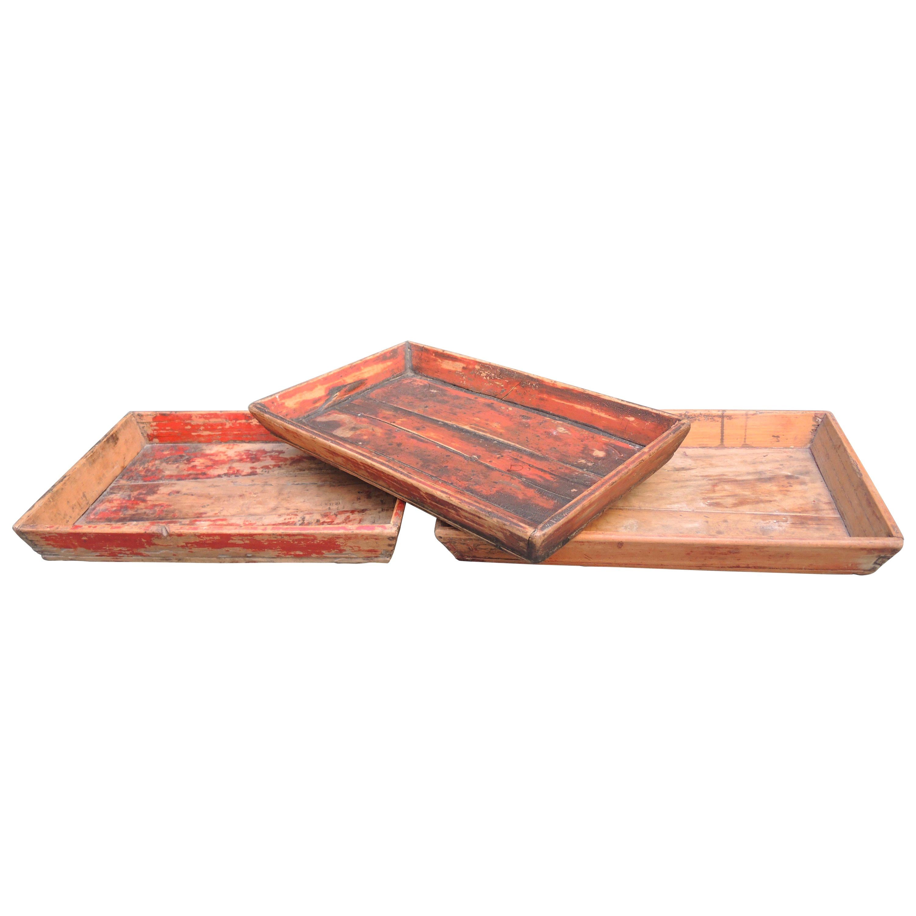  Antique Chinese Provincial Wood Trays with Worn Red Paint