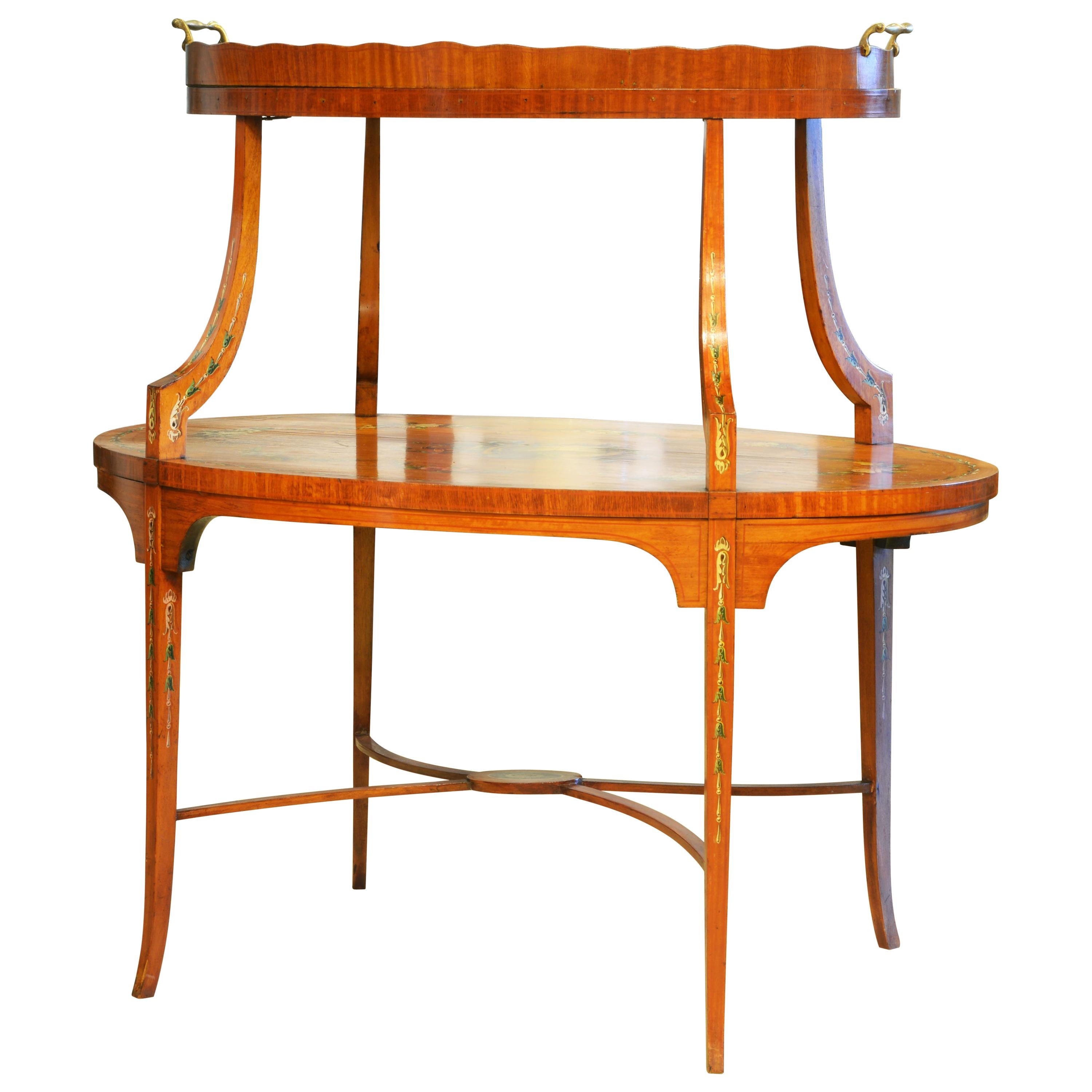 English Edwardian Two-Tier Decorated Satinwood Dessert Table with Lift Up Tray