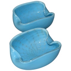 Elegant Murano Glass Blue and Gold Flecks Bowls or Catchalls, a Pair
