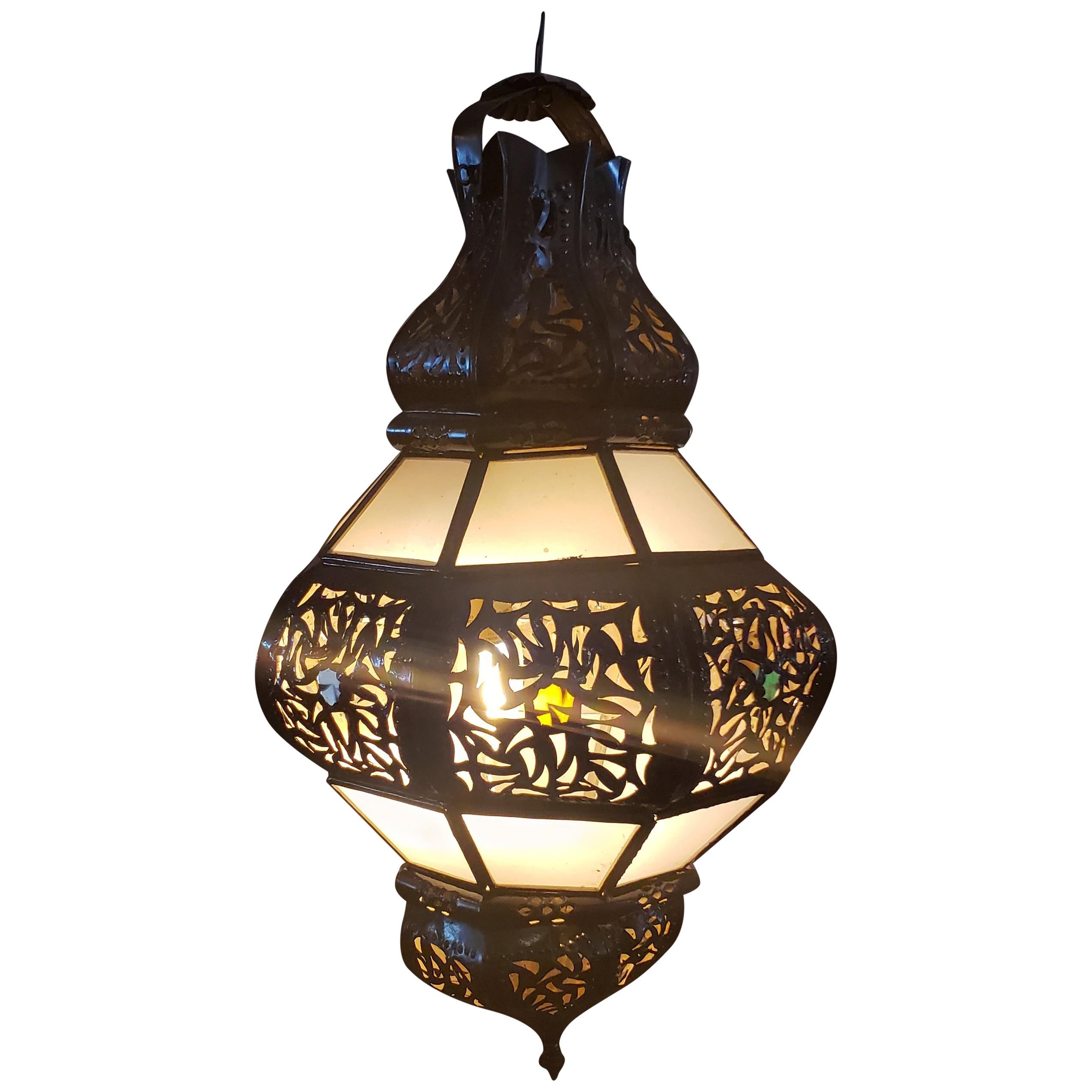 Moroccan Metal and Glass Lantern, Bok Style, Frosty White Glass For Sale