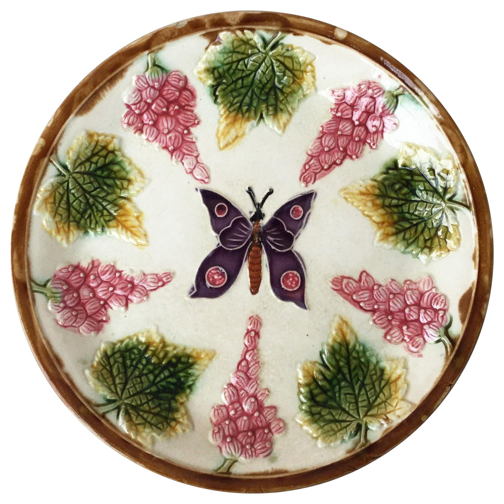 Majolica Plate with Butterfly and Fruits, circa 1890 For Sale