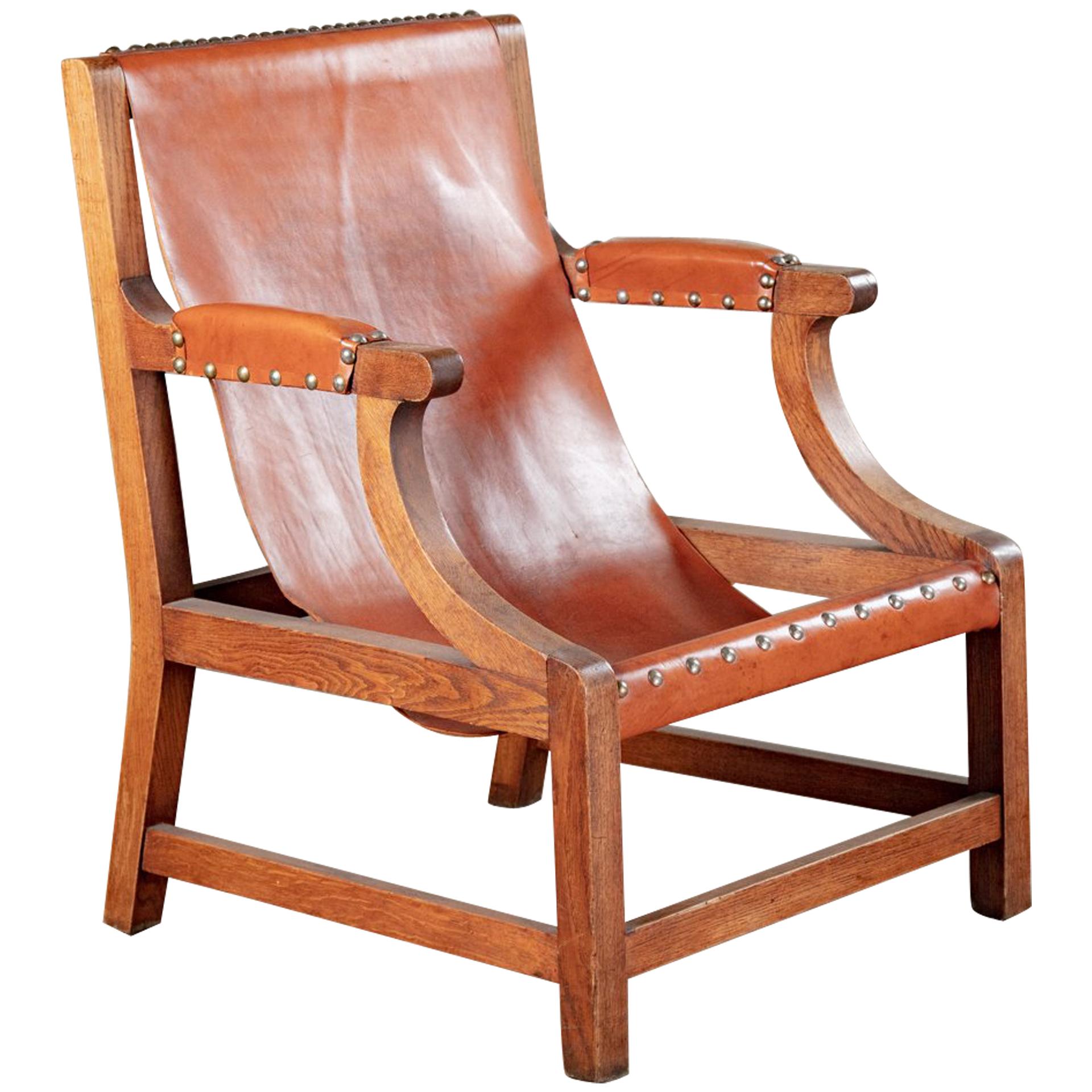 Open Armchair with Sling Leather Upholstery For Sale