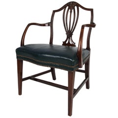 Used Georgian Armchair Green Leather Seat, English Hepplewhite circa 1785