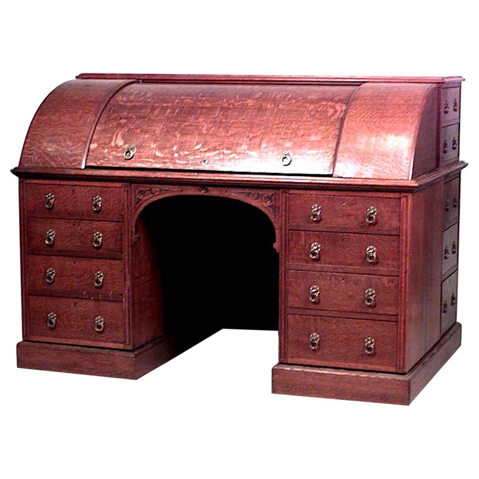 English Arts and Crafts Oak Roll Top Desk For Sale