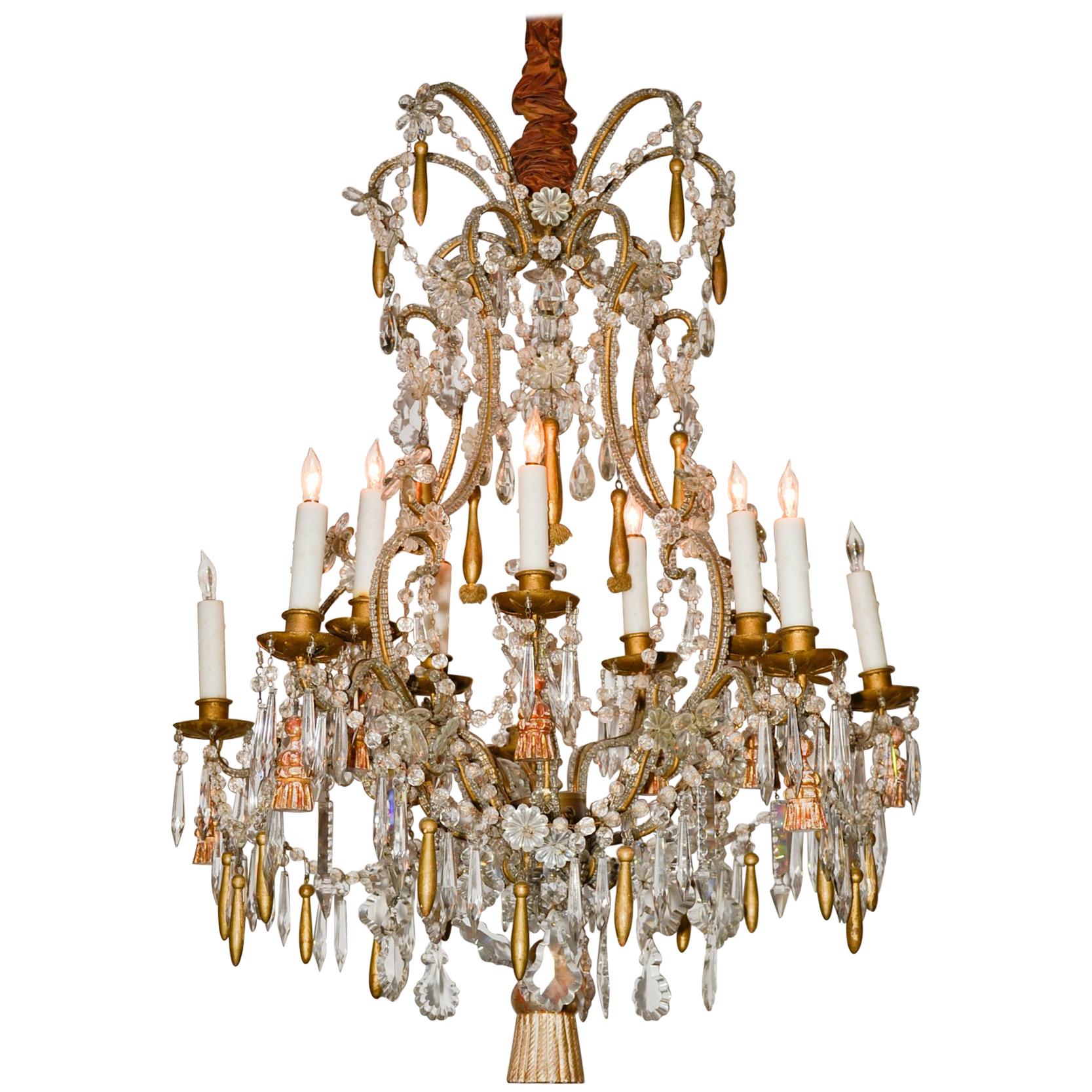 Italian Beaded Giltwood Chandelier For Sale