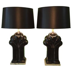 Pair of Art Deco Black Ceramic and Lucite Waterfall Table Lamps
