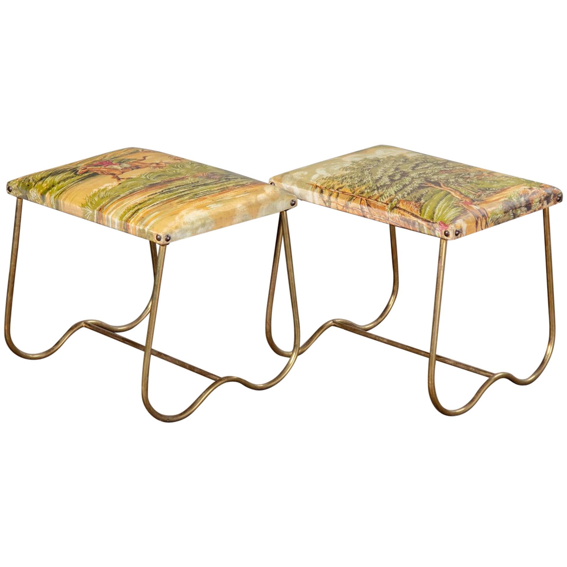Pair of Midcentury Italian Brass Benches with Equestrian Themed Upholstery