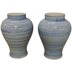 Pair of Blue Horizontal Striated Vases, China, Contemporary