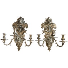 Antique Pair of Late 19th C. Silver Plated Louis XIV Style 3-Light Wall Sconces light LA