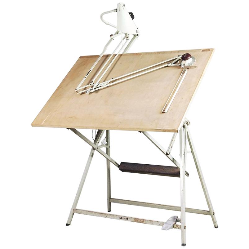 Dutch Industrial Drawing Table with Lamp and Drafting Machine by Rotanex, 1950s