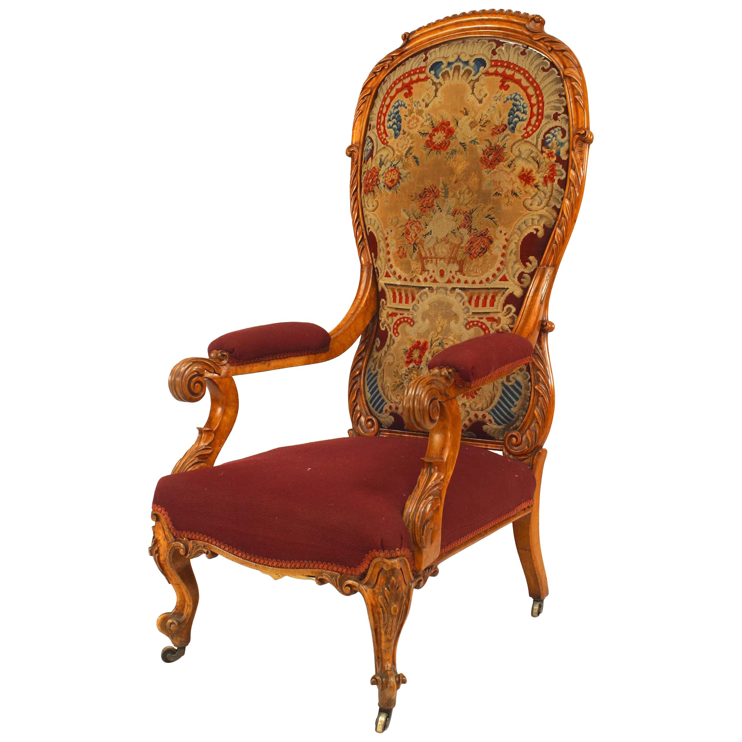 English Victorian Balloon Back Satinwood and Needlepoint Armchair For Sale