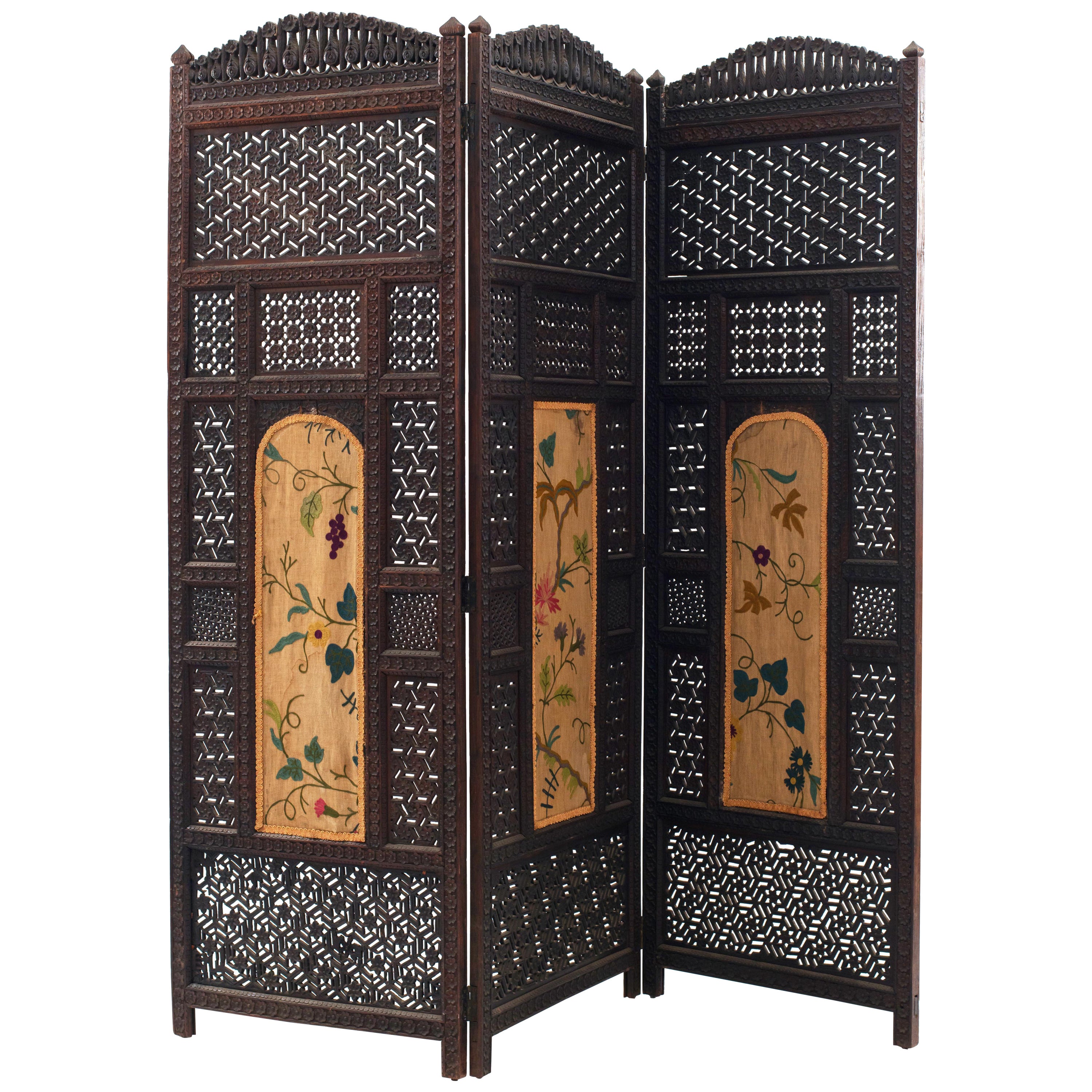 Moorish Style Filigreed Oak Folding Screen For Sale at 1stDibs