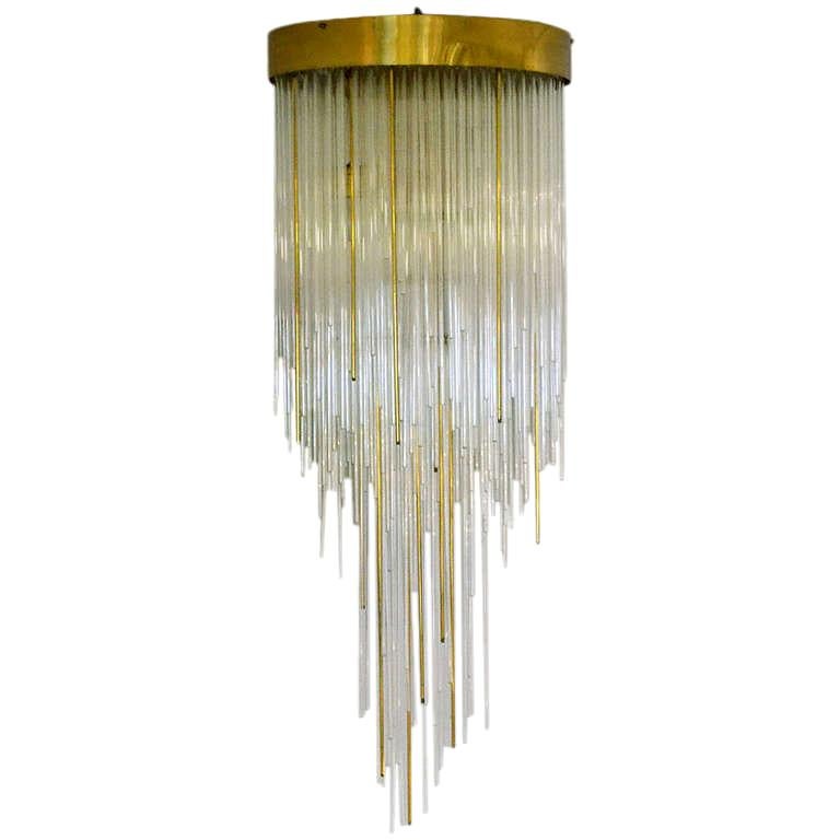 1960s Italian Ro Tier Glass and Brass Flush Mount Cascading Waterfall Chandelier