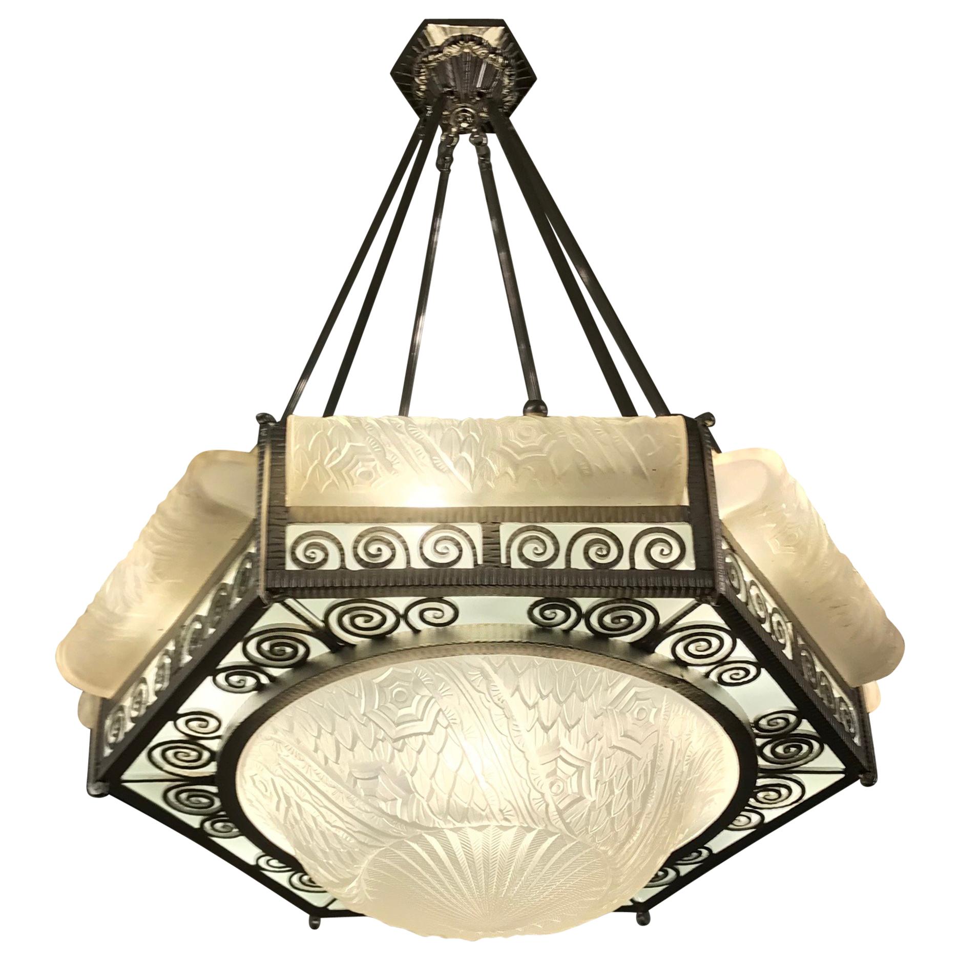 French Art Deco Hexagonal Chandelier by Schneider For Sale