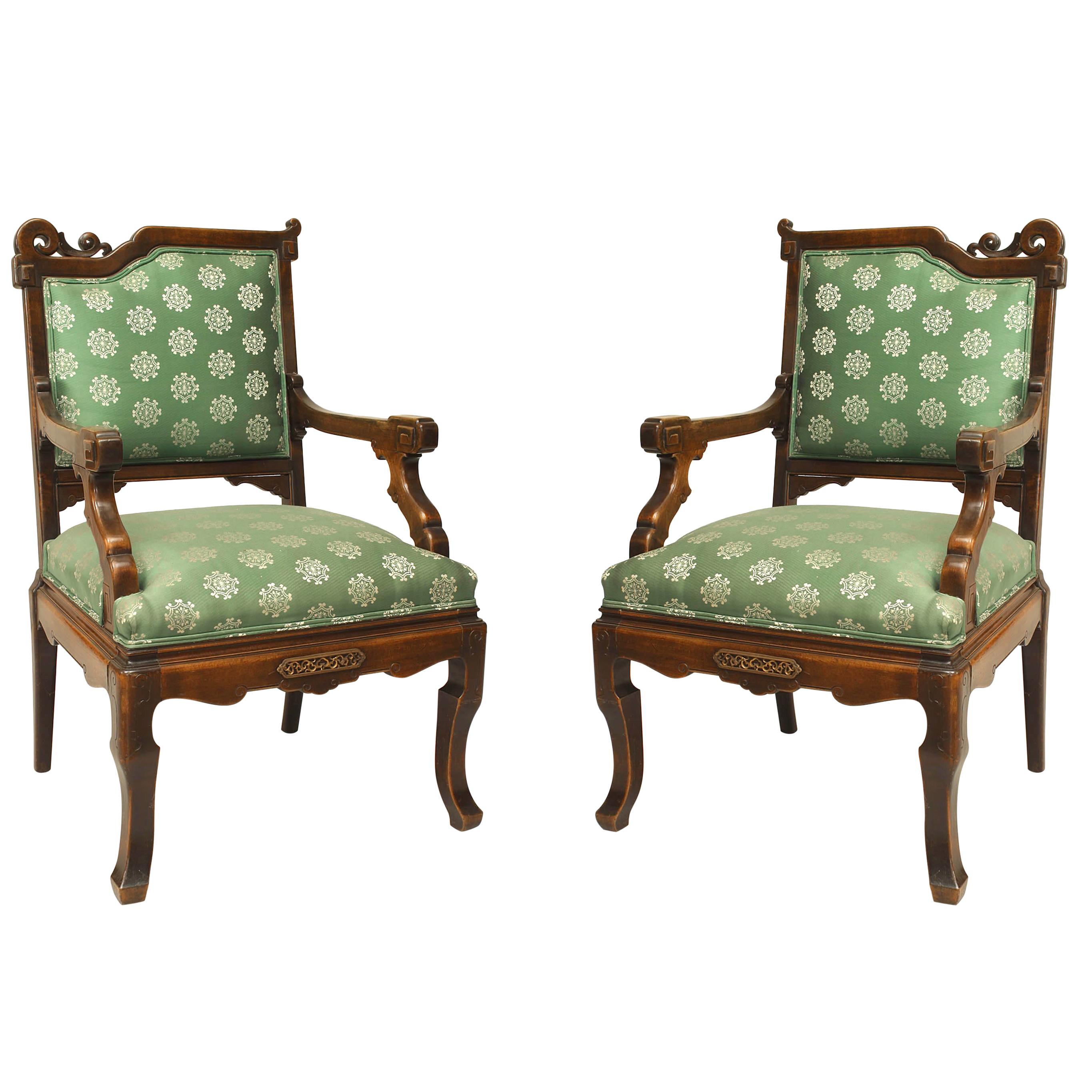 Pair of Viotdot English Regency Chinoiserie Mahogany Green Upholstered Armchairs For Sale