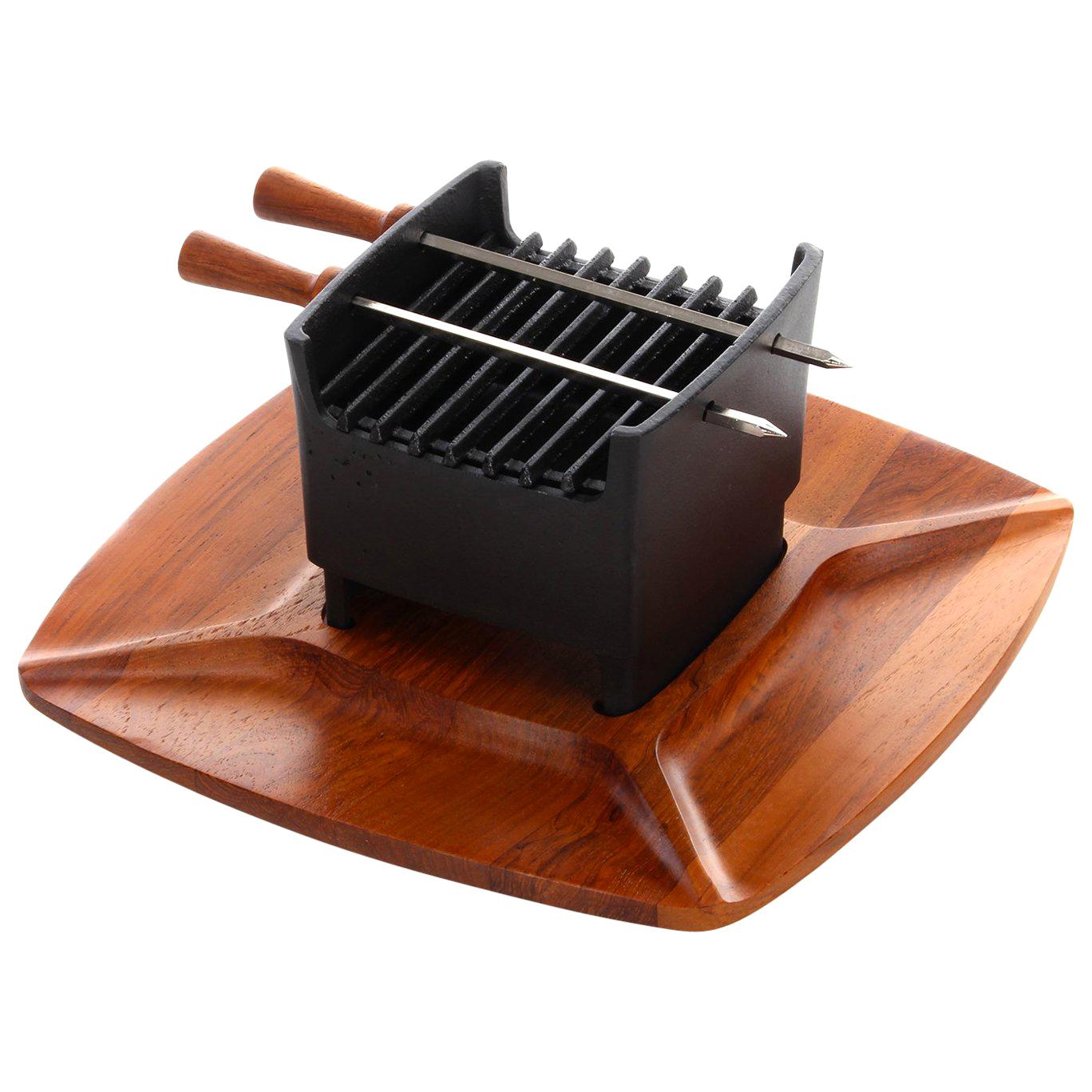 Table Grill 1960s Teak and Cast Iron Set by Digsmed, Unused and in Original Box